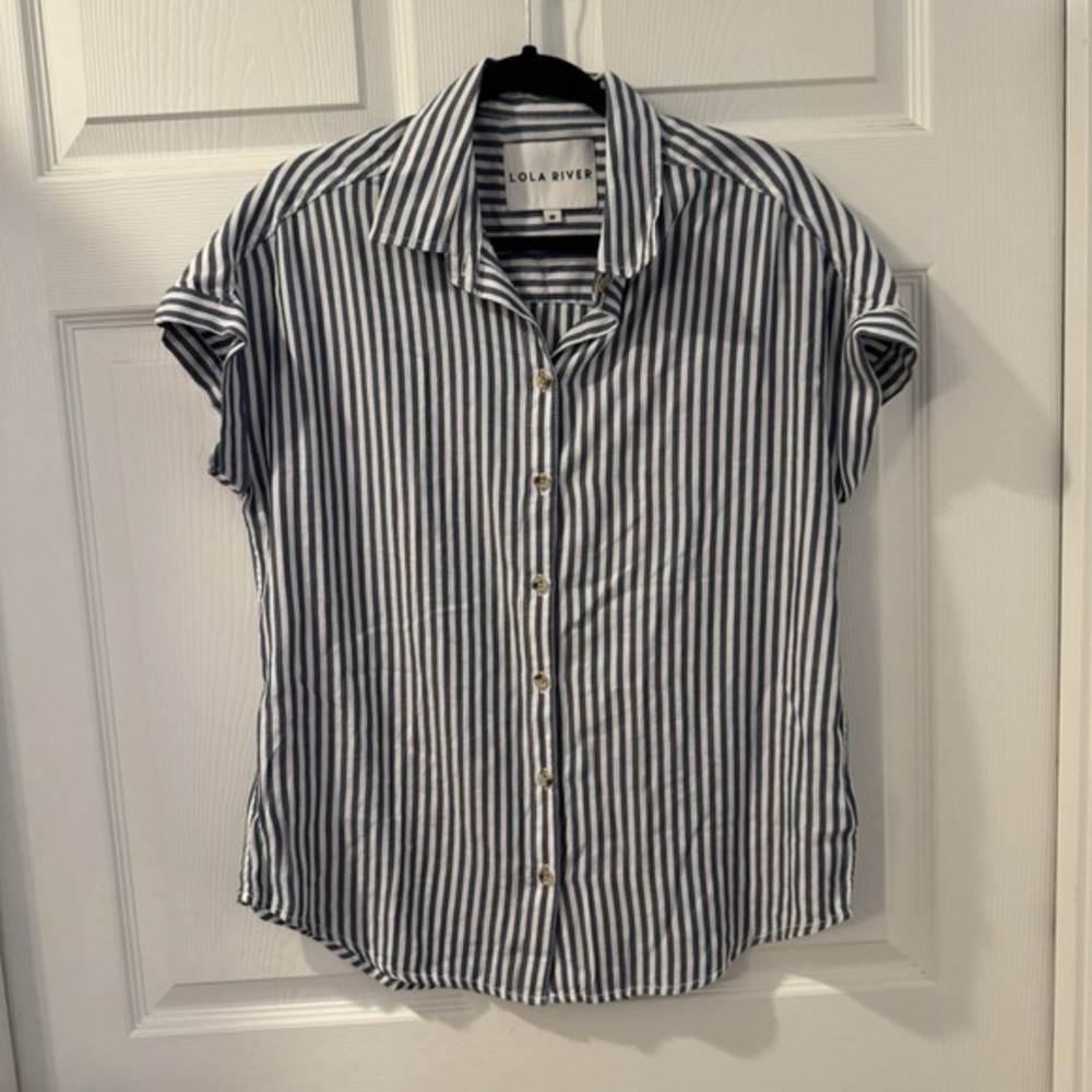LOLA RIVER blue‎ White Striped Boxy Tencel Blend Button Up Size M Beach Nautical